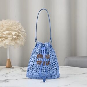 Miu Miu Style Blue Raffia Crochet Bucket Bag